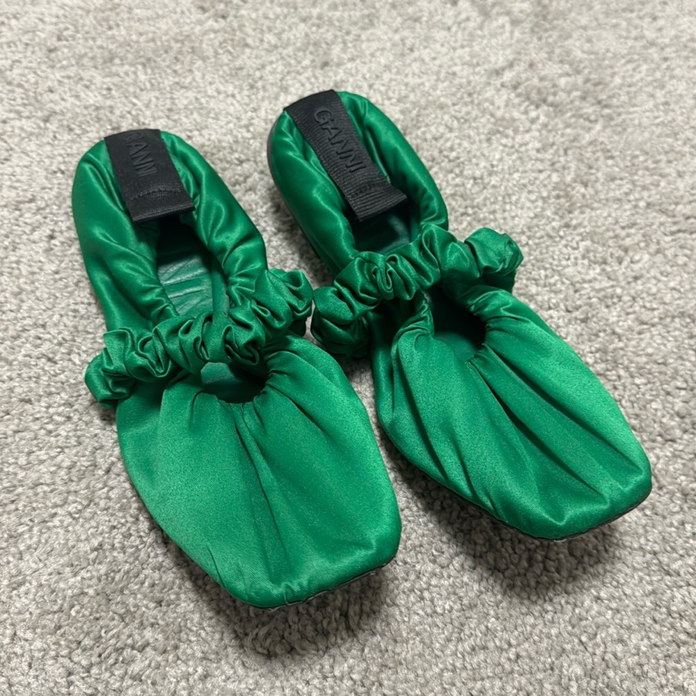 Ganni Satin Scrunch Ballet Flats